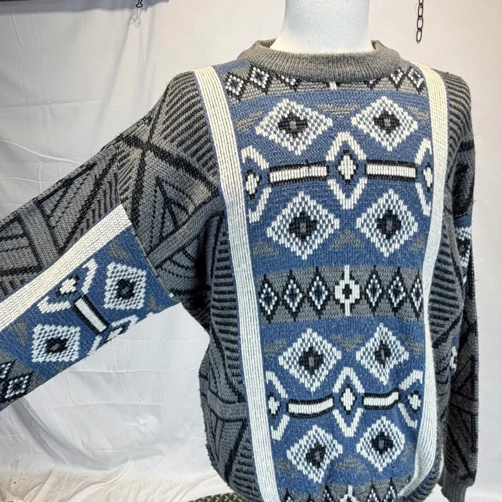 VINTAGE 80s‎ funky quirky geometric knit sweater mens navy blue Diamond argyle